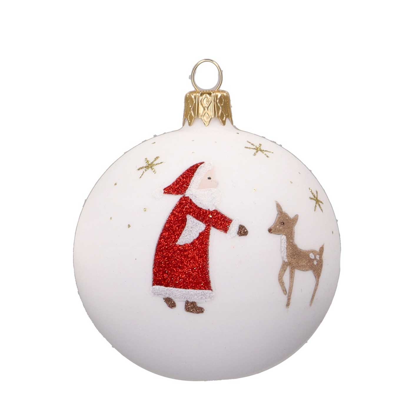 Weihnachtskugel "Santa & Reh" weiß matt, D. ca. 8 cm, handbemalt   