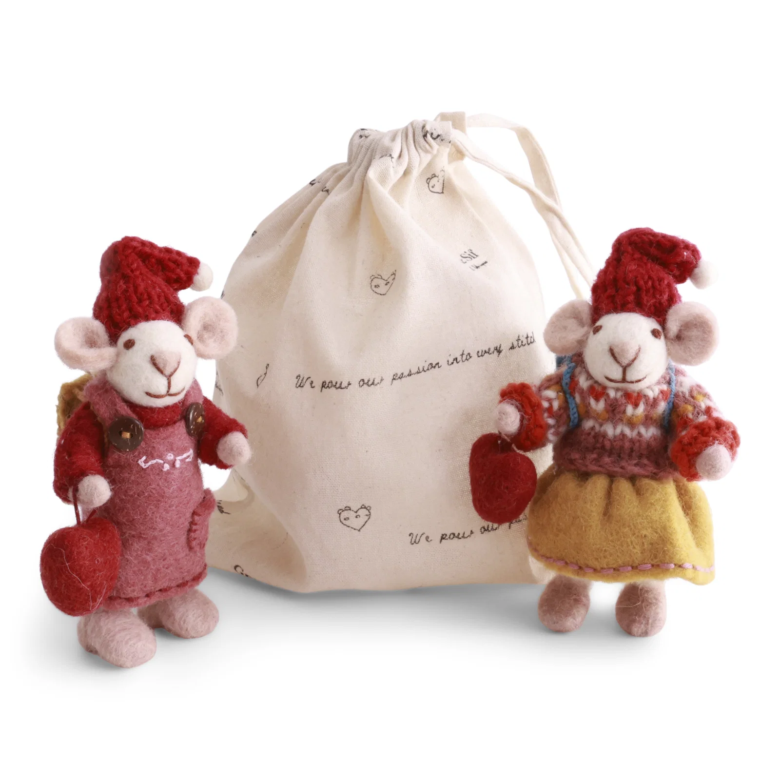 Gry & Sif Weihnachtsmäuse im Paar  mit Herzen, ca. 12 cm, Small White Gry & Sif Mice w/Hearts