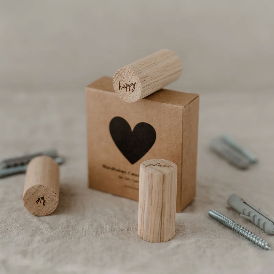 Eulenschnitt Wandhaken Happy Place im 3er Set, Eiche, ca. 2,5 x 5 cm 