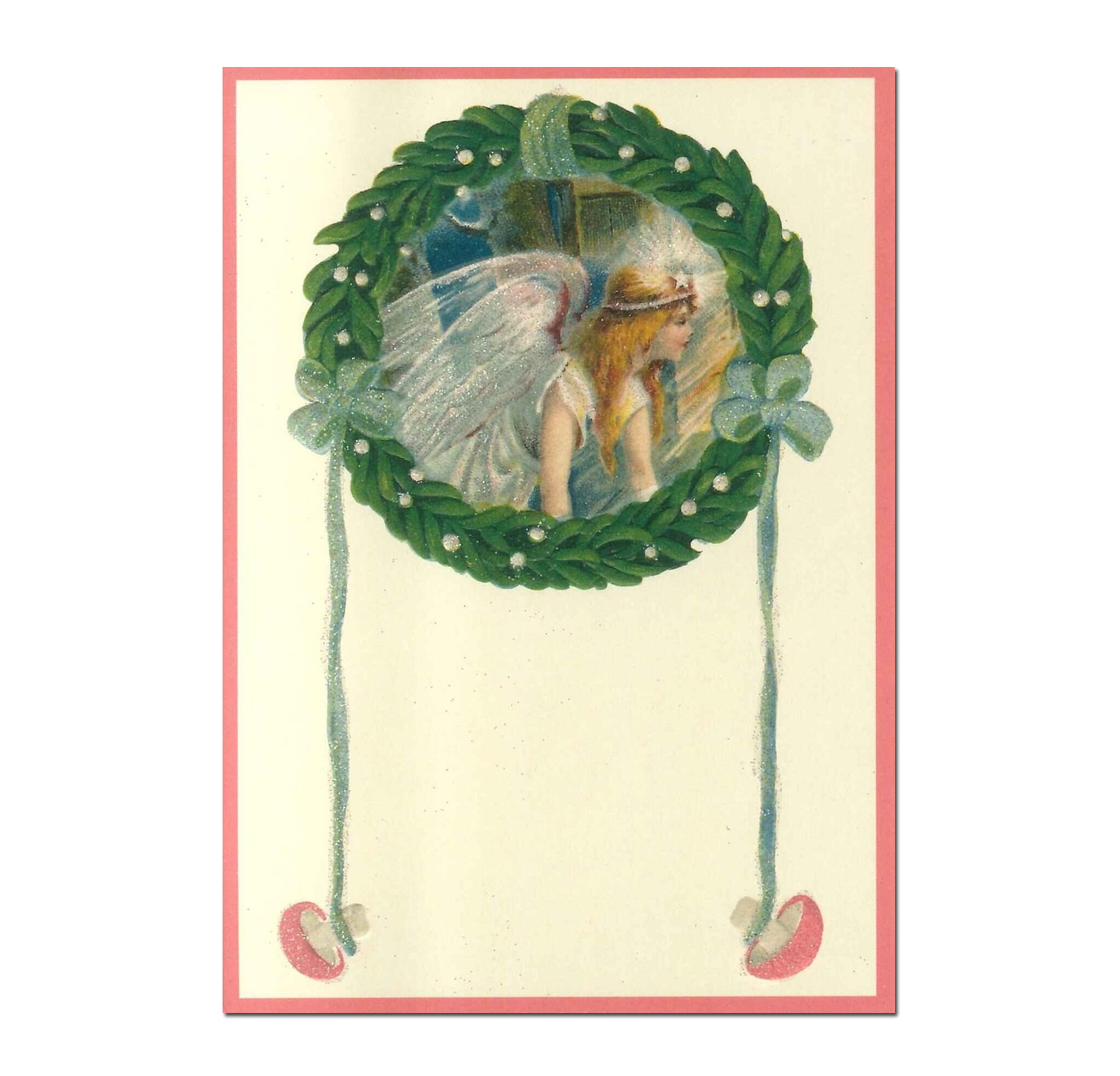 Nostalgie Postkarte " Engel im Weihnachtskranz"  Glitter, Weihnachten
