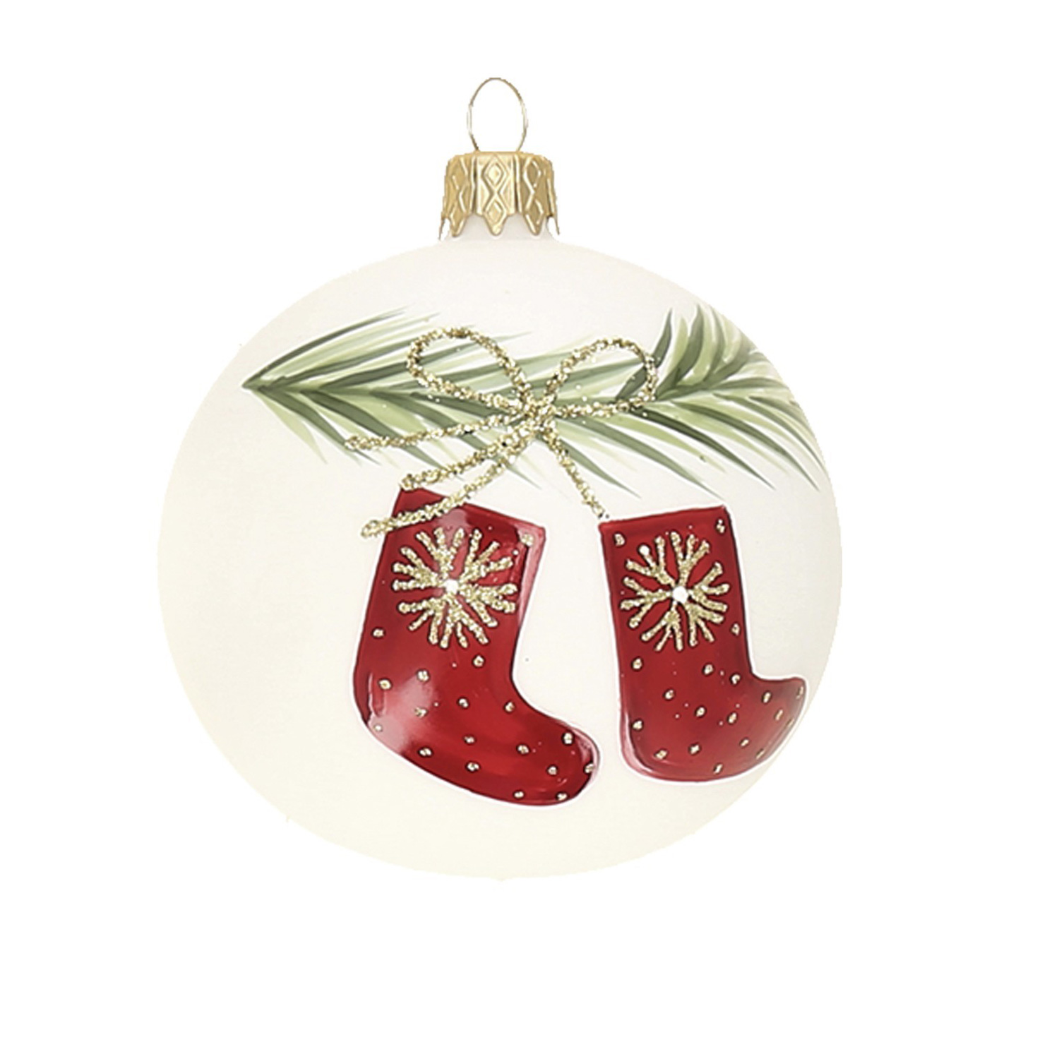 Weihnachtskugel "Stiefel" rot-grün-weiß, D. ca. 8 cm, handbemalt, weiß matt 