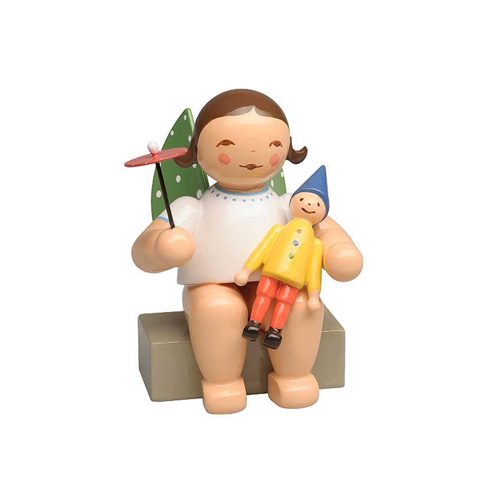 Wendt & Kühn ENGEL MIT KASPER UND SCHIRM, SITZEND, ca. 5 cm, blonde Haare
