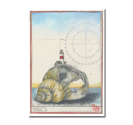 Postkarte Ole West " Turmschnecke", Leuchtturm & Schneckenhaus, Kunst