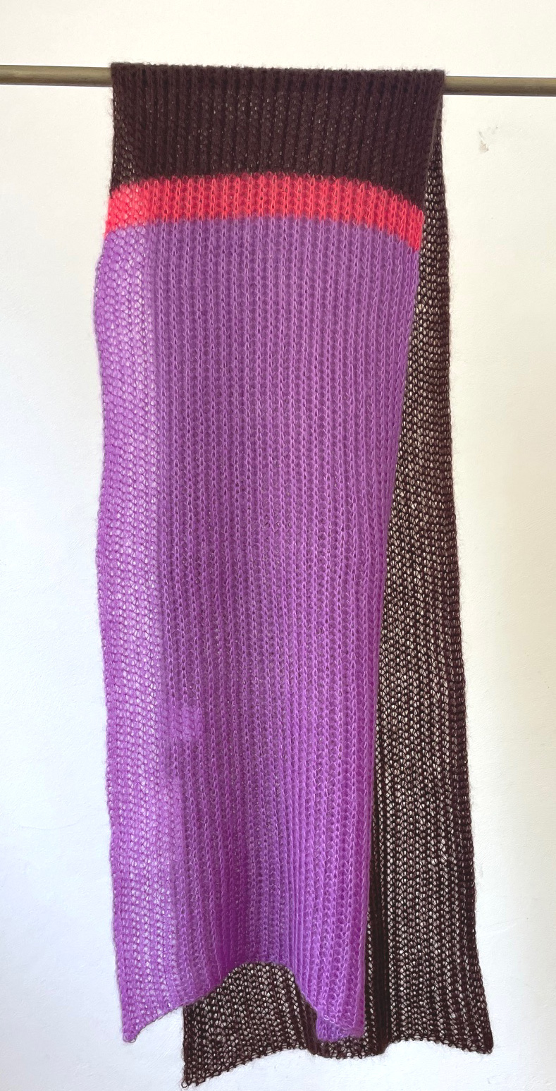 filAMORI Patentschal Colorblock 2 Marrone-Violetto, Streifen Koralle, Mohair/Seide, ca. 40 x 200 cm  