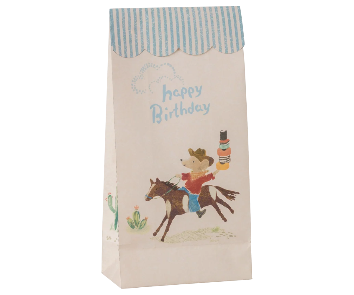 Maileg Goodie Bag – Happy Birthday - Cowboy, 12 Stück, ca. 23,5 x 10 cm