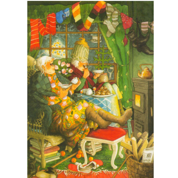 Postkarte Inge Löök "Frauen vor dem Kamin  "  Löök Postkarte, Weiber, Freundschaft, Winter