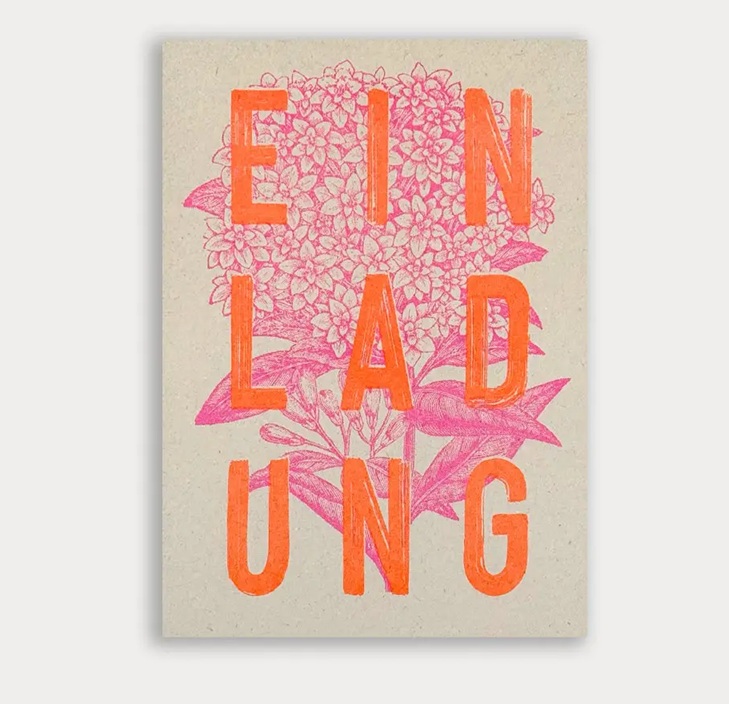 RISO Postkarte TYPO »EINLADUNG« ,  Neon Pink, handgedruckt von Togethery  