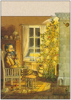 Postkarte Pettersson und Findus, Pettersson vorm Weihnachtsbaum