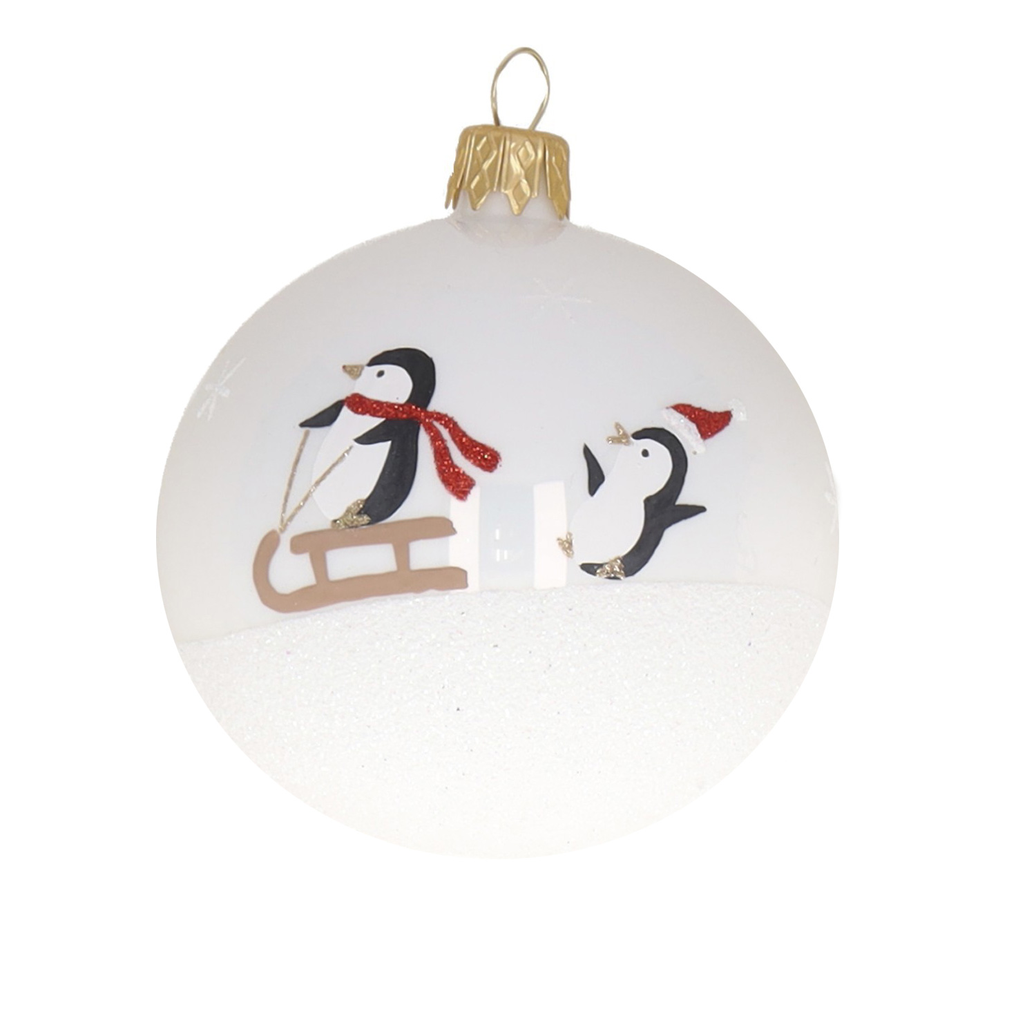 Weihnachtskugel "Pinguine" schwarz-braun-weiß, D. ca. 8 cm, handbemalt, weiß glänzend