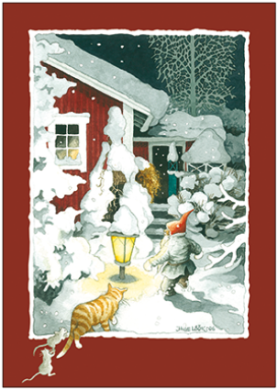 Postkarte Inge Löök "Zwerg und Katze vor winterlichem Haus"  Löök Postkarte Weihnachten