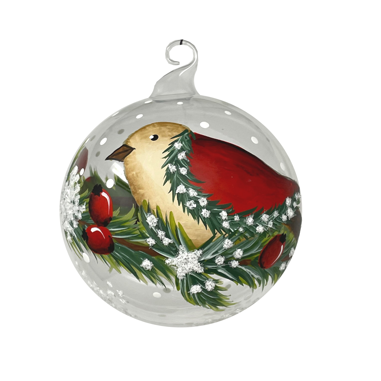 Weihnachtskugel Vogel creme-rot mit Hagebutte ca.  8 cm, Kugel klar mit Glasöse, wundervoll von Hand bemalt.
