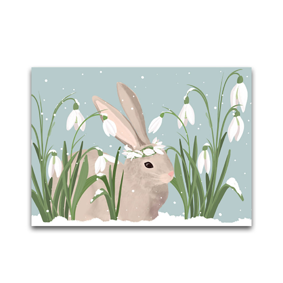 Postkarte Winterrabbit von Toni Starck , Winter Hase , Schneeglöckchen