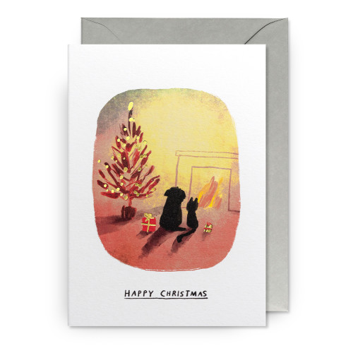 John Bond Doppelkarte "Happy Christmas" Hund & Katze am Kamin, Weihnachtskarte