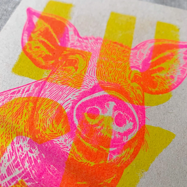 RISO Postkarte  »LUCK/ Schwein«, Neon Pink, handgedruckt von Togethery