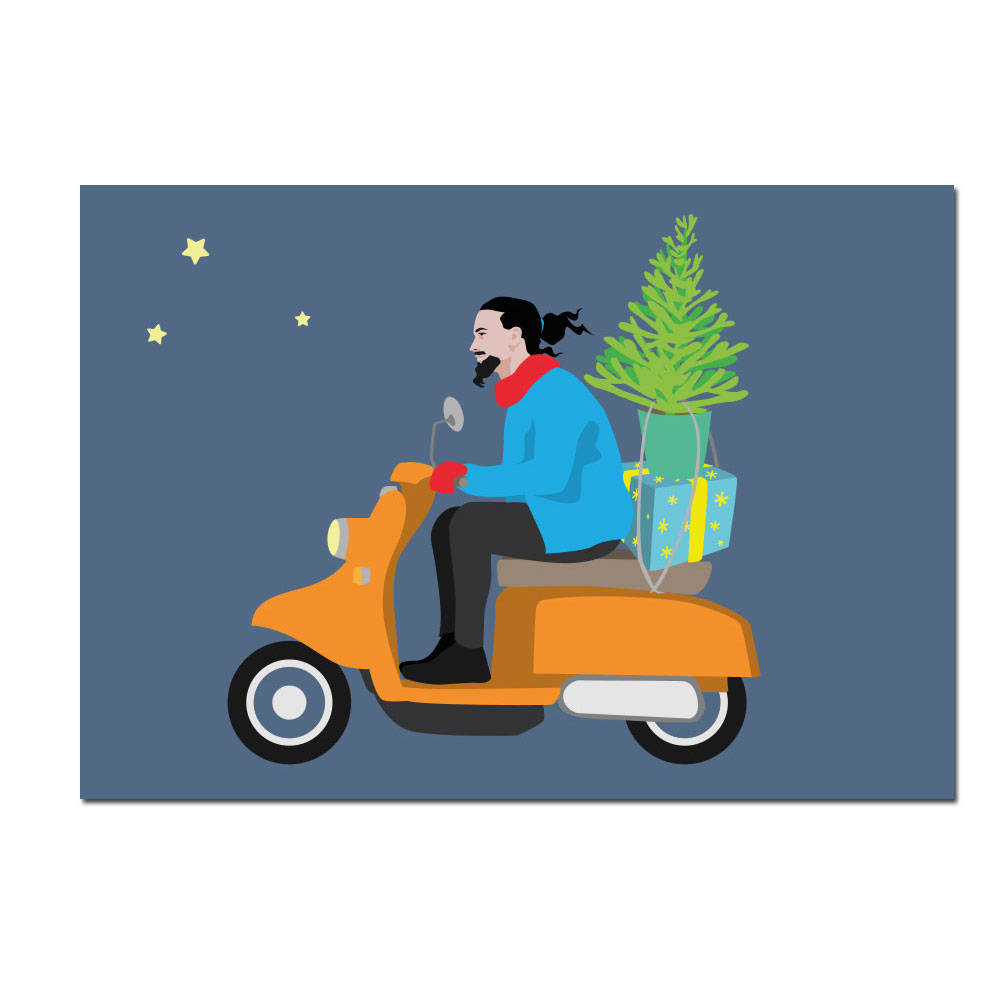 Postkarte  "Hipster auf Vespa" - Motorroller, Weihnachtsbaum, Mann, criss cross