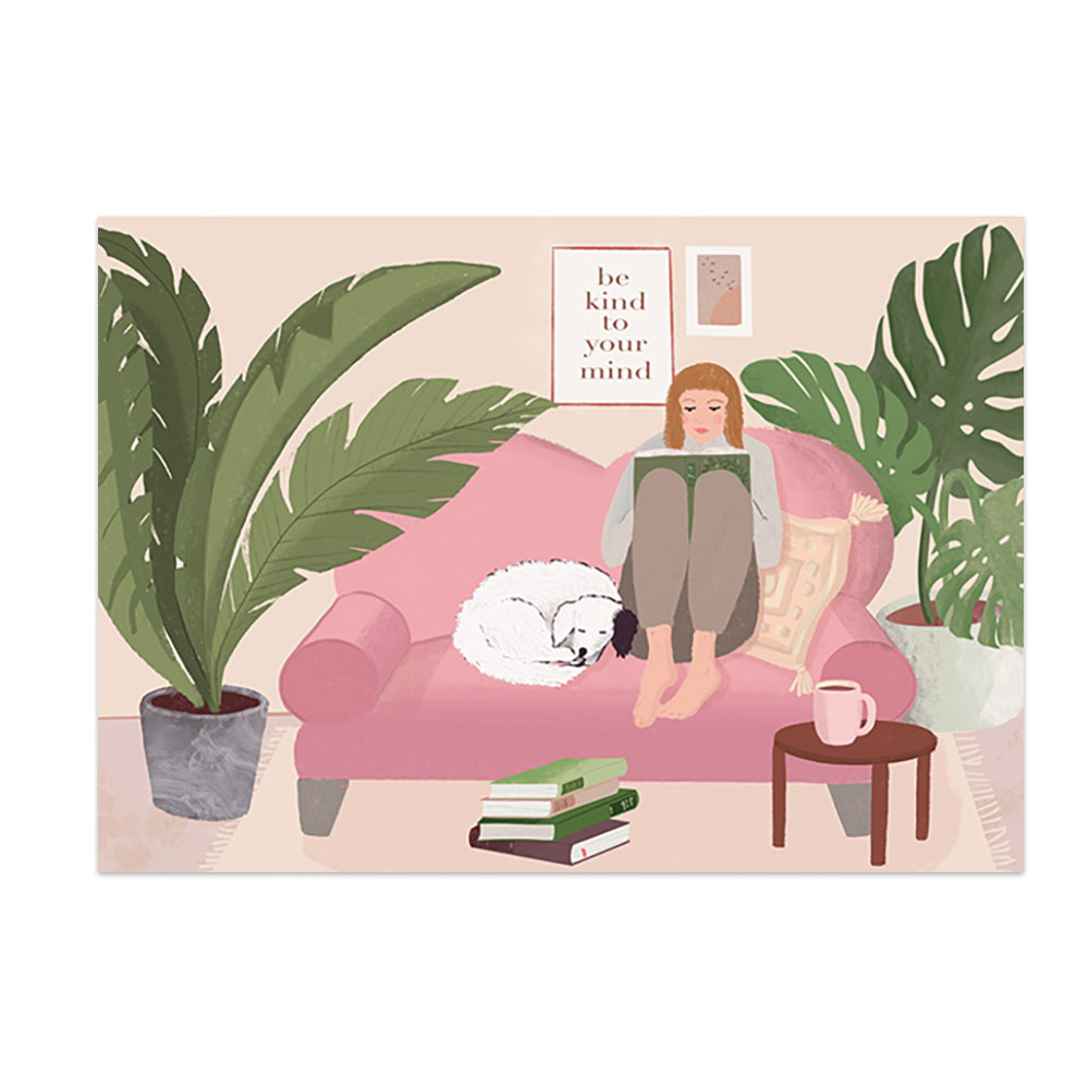 Postkarte Kind to your mind - Rosa Sofa von Toni Starck   , Lesen