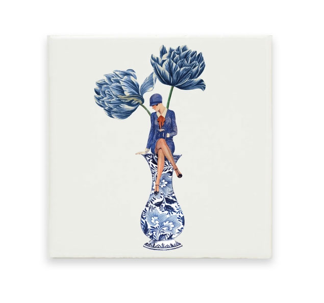 Wandfliese Collage Dame in Vase mit Tulpen von Lylies, ca.  13 x 13 cm