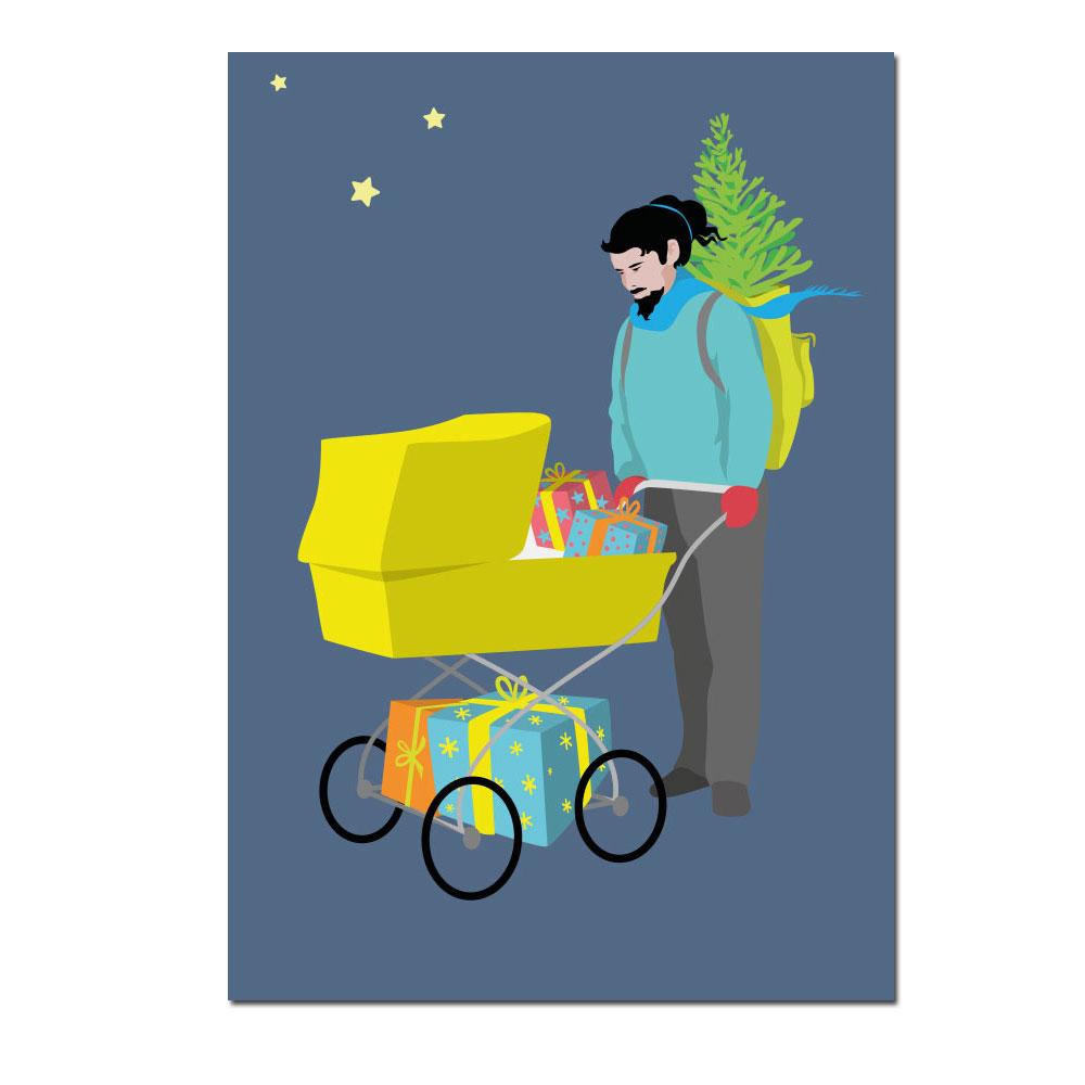 Postkarte  "Hipster mit Kinderwagen" - Kinderwagen, Weihnachtsbaum, Mann, Kinderzeit, criss cross