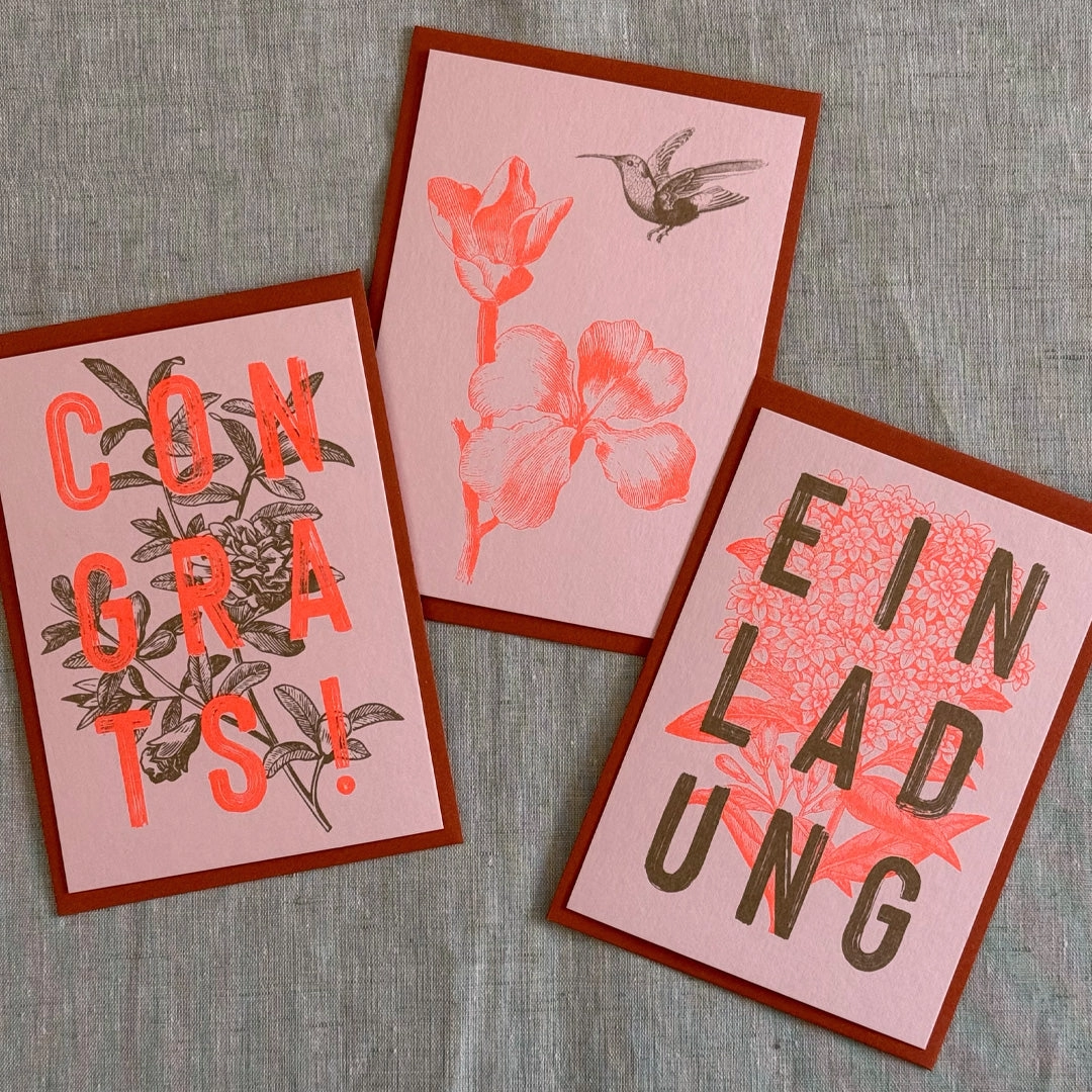 RISO Doppelkarte EINLADUNG mit Umschlag , Neon Orange, handgedruckt  Togethery