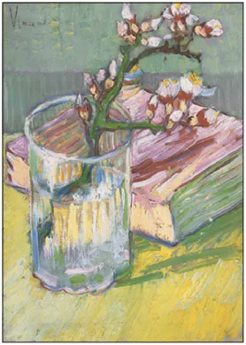Postkarte Vincent van Gogh " Blühender Mandelzweig im Glas und Buch, 1888" Kunst