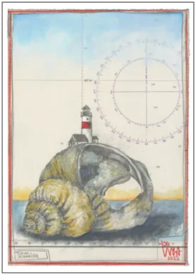 Postkarte Ole West " Turmschnecke", Leuchtturm & Schneckenhaus, Kunst