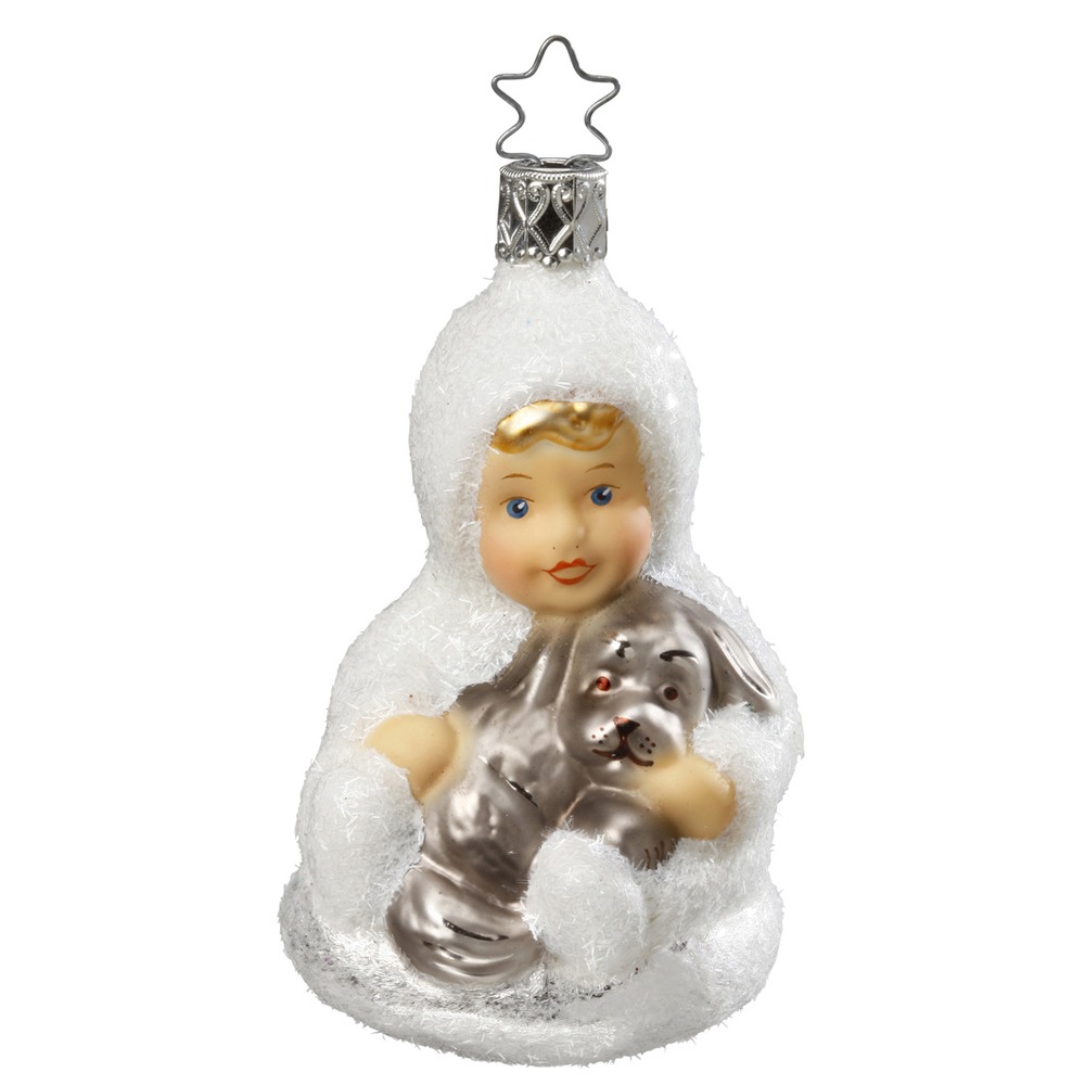 Inge-Glas Schneekind Mein bester Freund, Weihnachtsschmuck, Schneekind mit Hund, ca. 9,5 cm