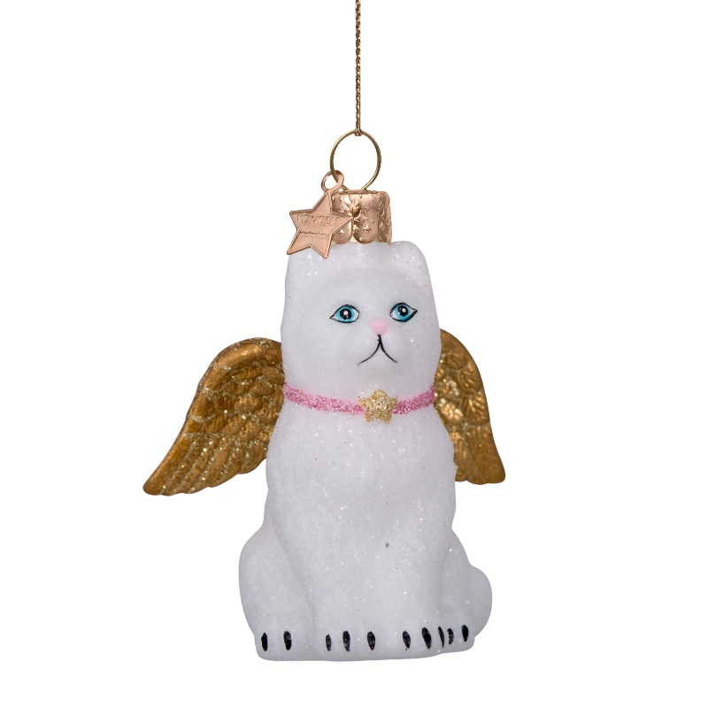 Weihnachtskugel weiße Katze mit Goldflügeln, Glas,ca. 8 cm,  von Vondels