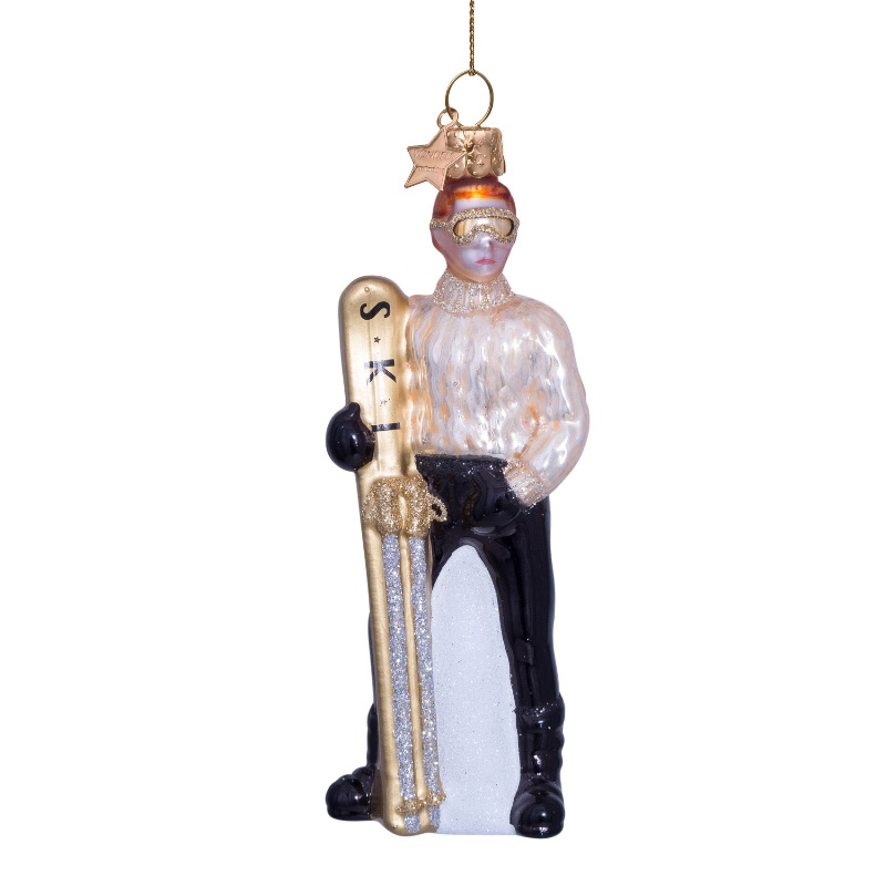 Weihnachtskugel Skifahrer " ski boy", champagne, H. ca. 12,5 cm, Glas von Vondels