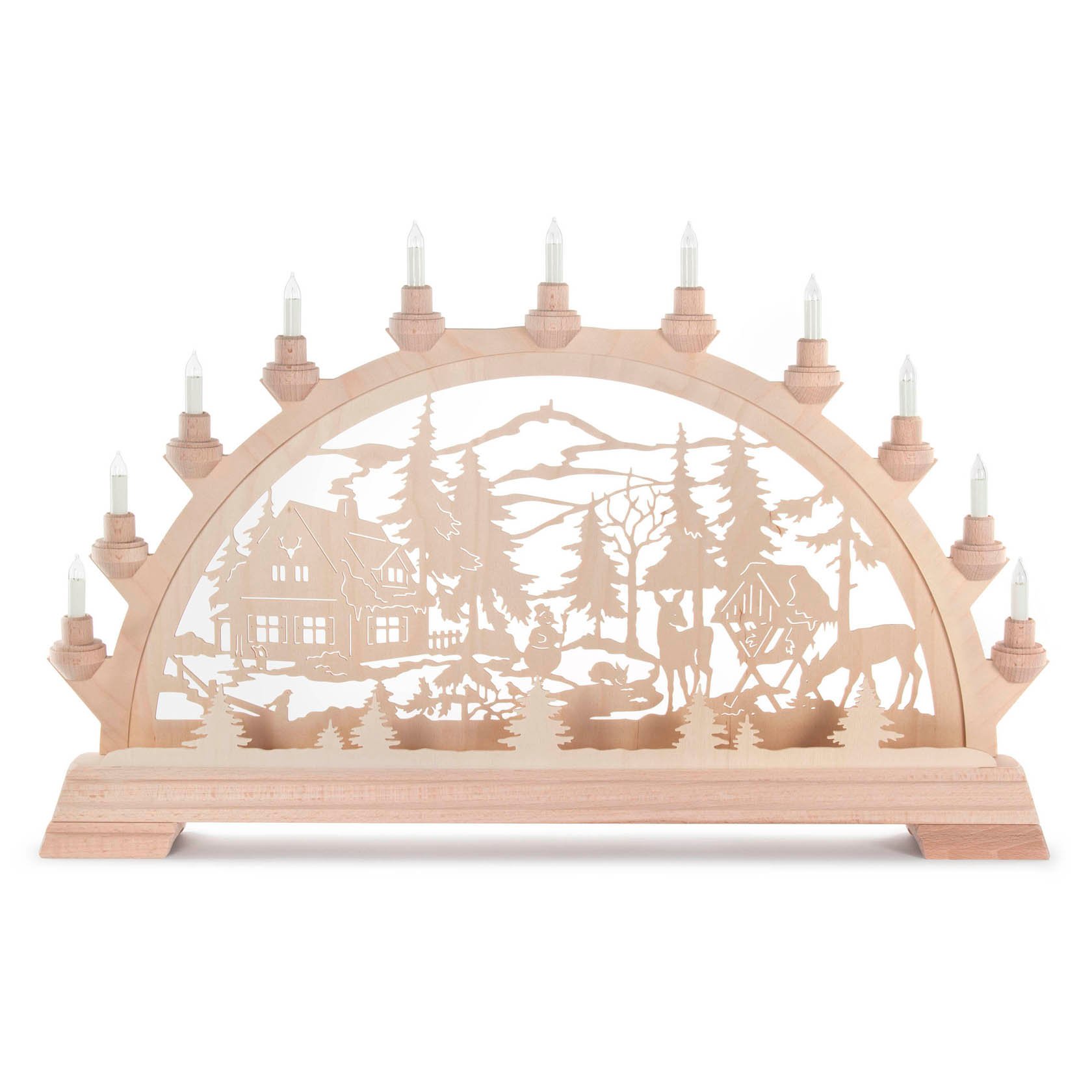Erzgebirge Schwibbogen mit Forsthaus und Rehen, elektrisch beleuchtet, ca. 63 x 40 cm, Holz