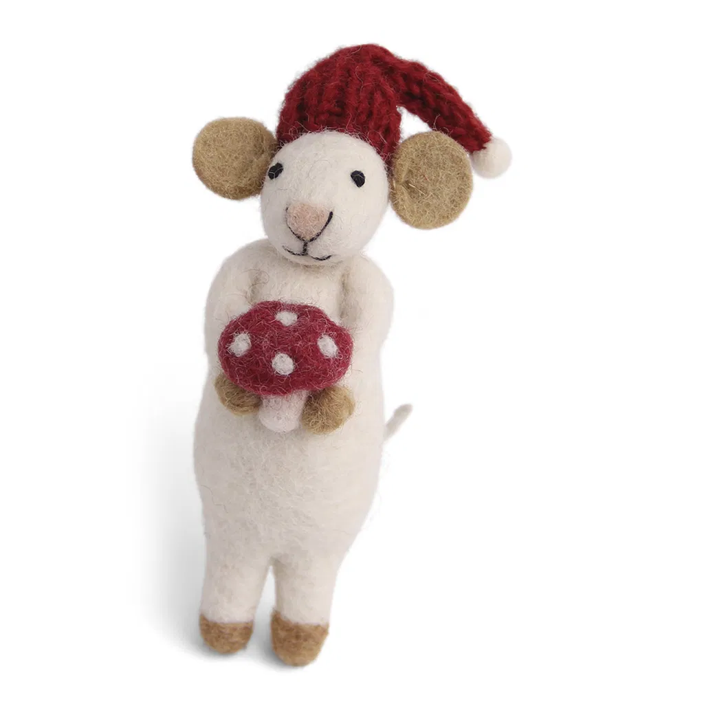 Gry & Sif Filz Weihnachtsmaus mit Fliegenpilz, ca.12 cm, White Mouse w/Mushroom
