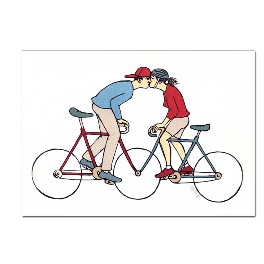 Inkognito Postkarte Radfahrerkuss, Kuß, Fahrrad