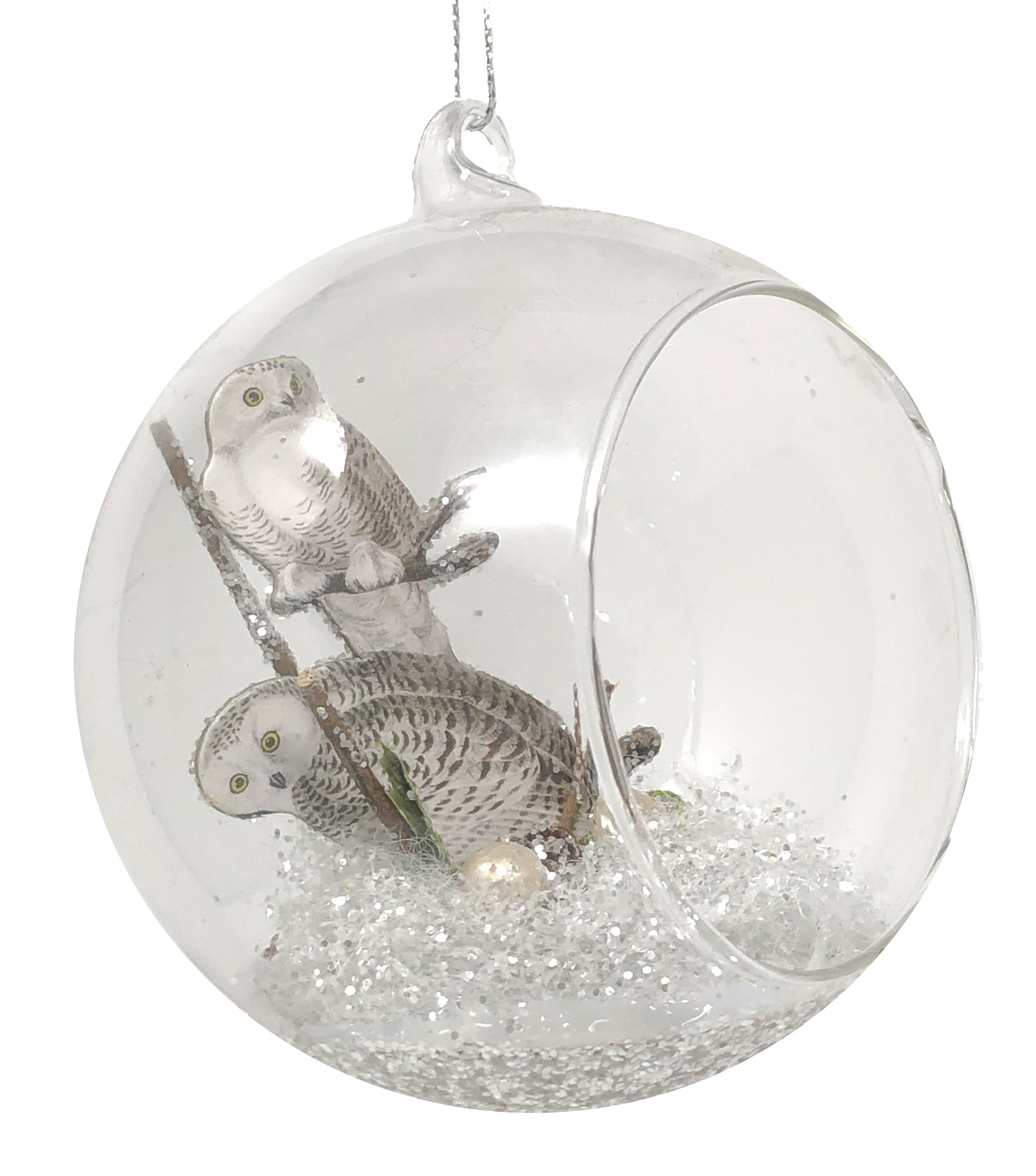 Weihnachtskugel Glasöse Eulen, D. ca. 10 cm mit Glitzerschnee