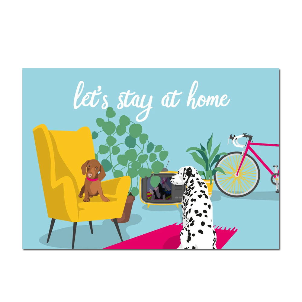 Postkarte"let's stay at home", Hunde, lucky cards
