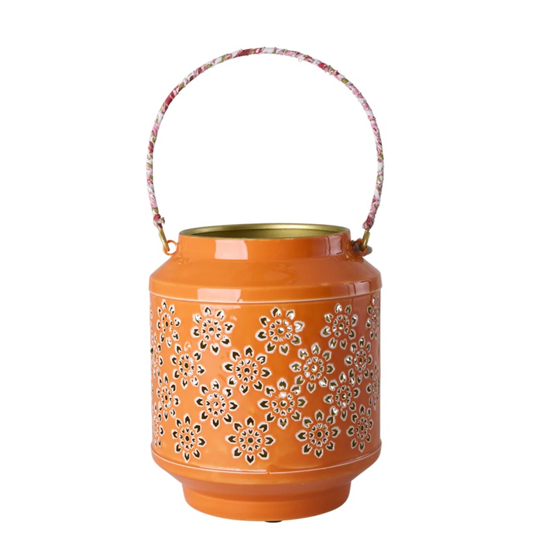 Rice Laterne Metall Orange, Höhe ca. 20,5 cm, Metal Lantern with Flower Pattern Design