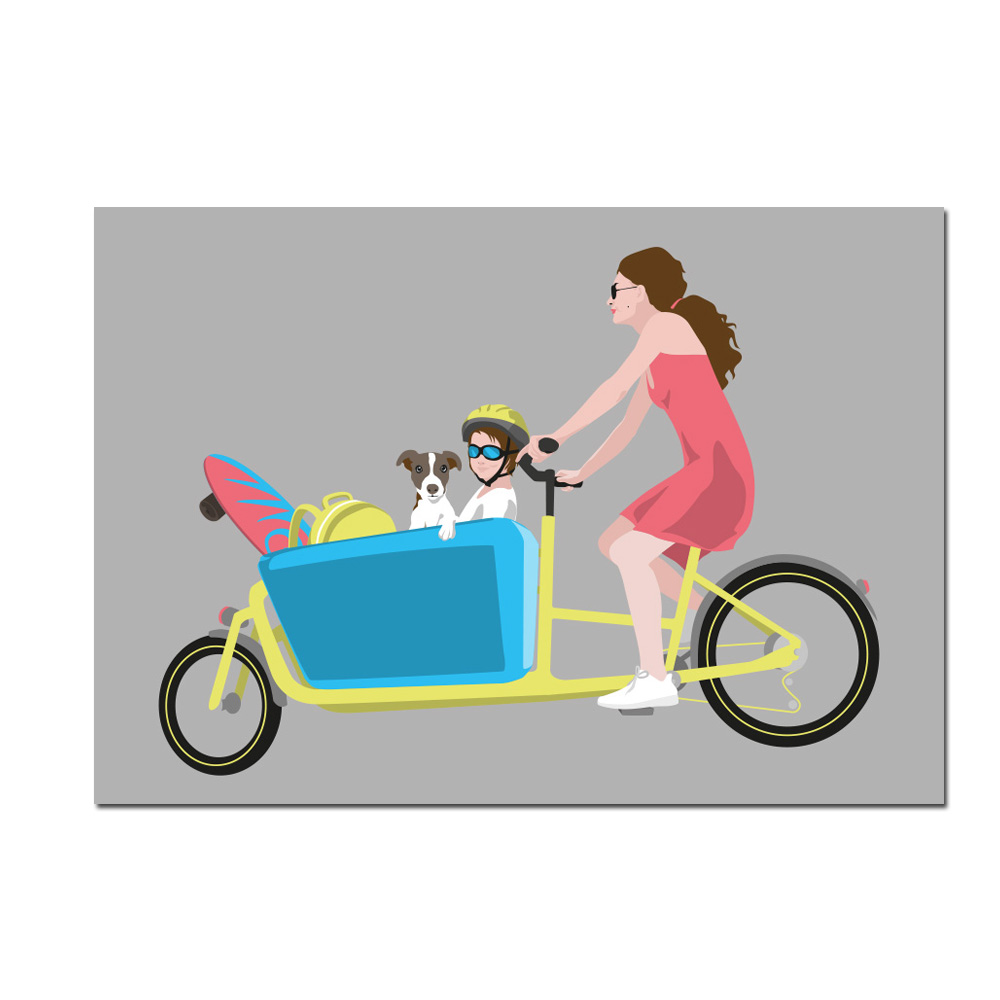 Postkarte Family cargo bike, Lastenfahrrad, neon, luminous