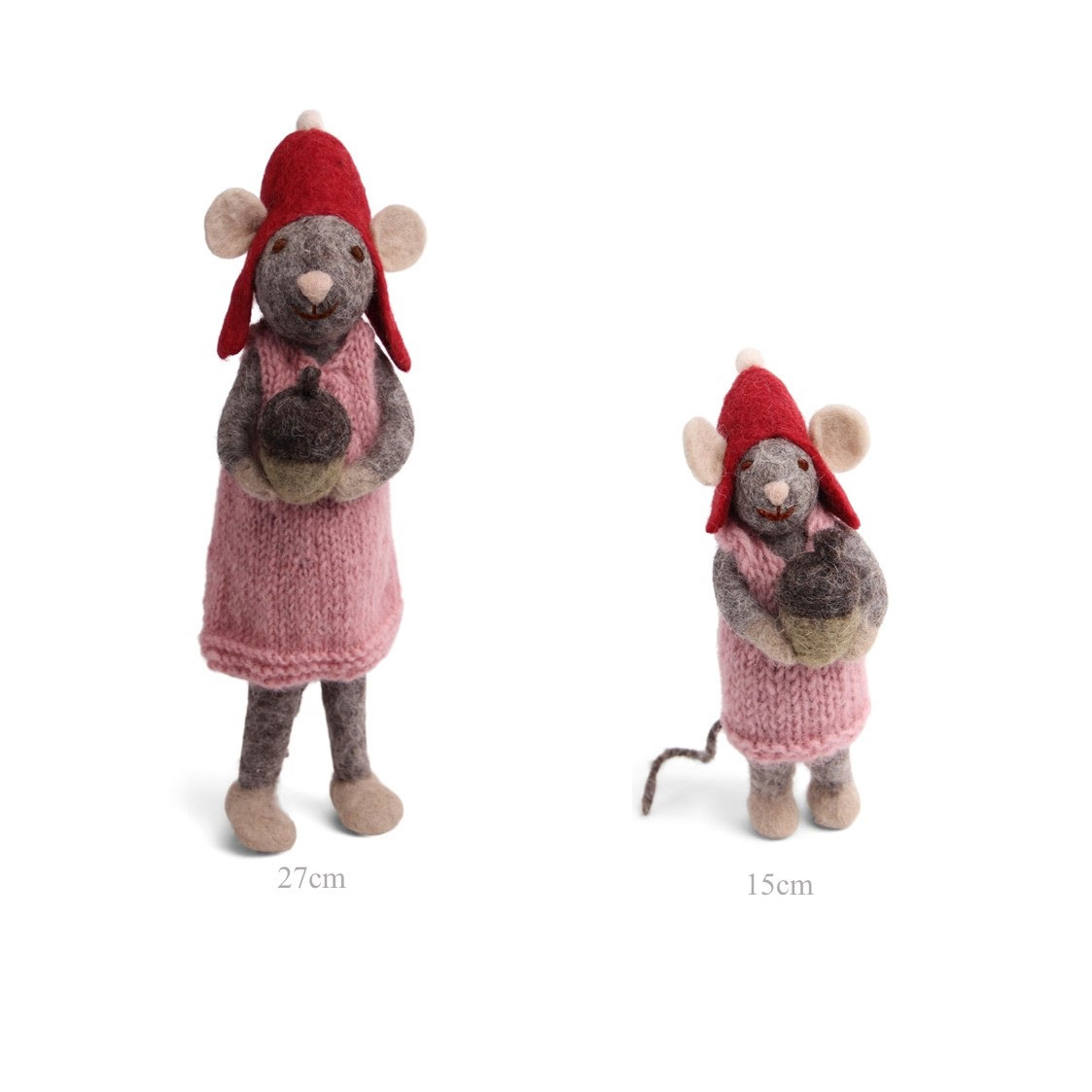 Gry & Sif Weihnachtsmaus groß im Rosa Kleid mit Eichel aus Filz, ca.27 cm, Big Grey Girly Mouse with Acorn