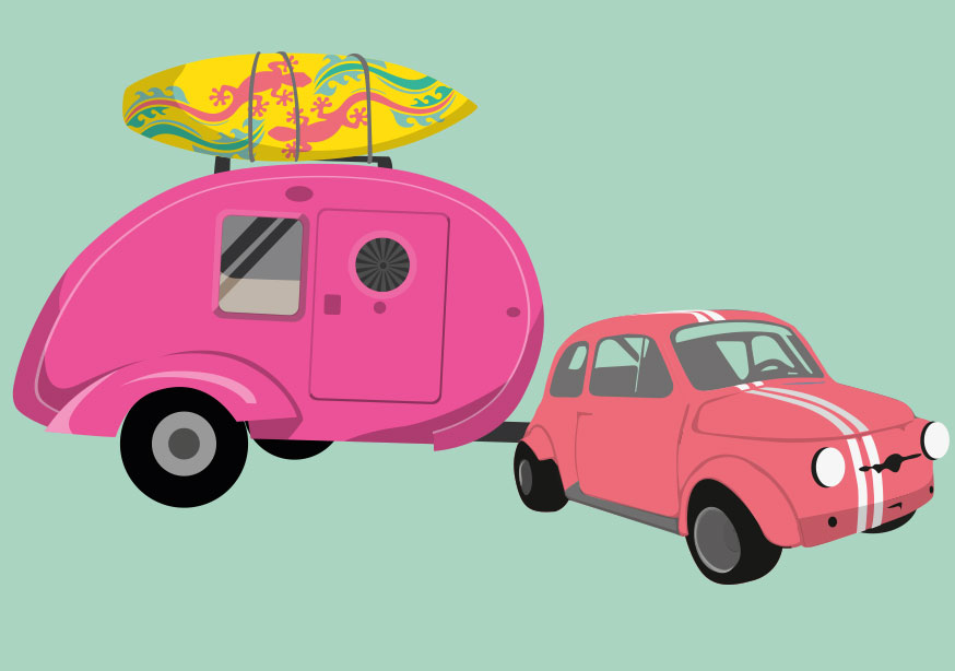 Postkarte fiat with caravan  von  luminous   , Wohnwagen, Urlaub, Surfbrett