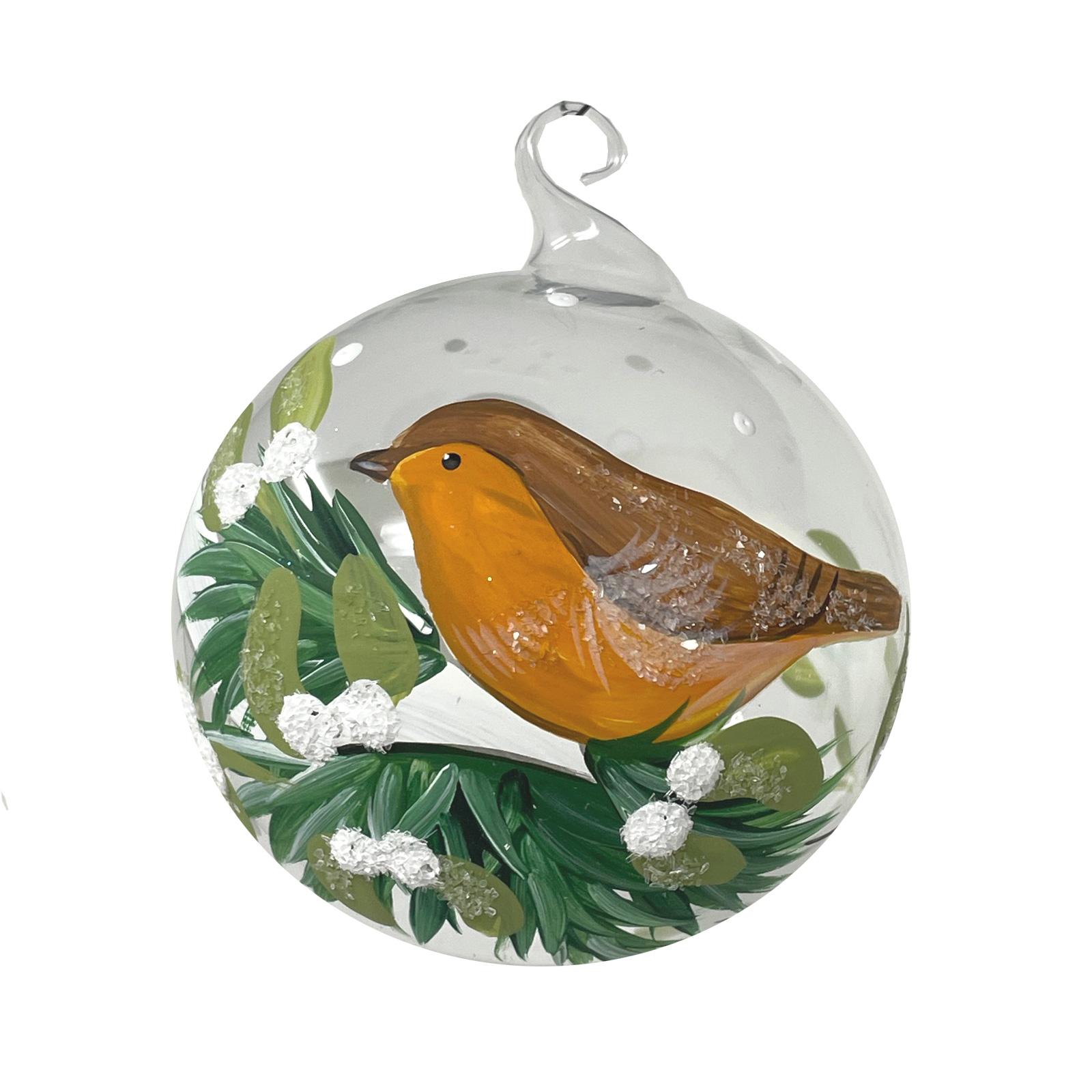 Weihnachtskugel Rotkehlchen ca. 8 cm, Kugel klar mit Glasöse, wundervoll von Hand bemalt.  