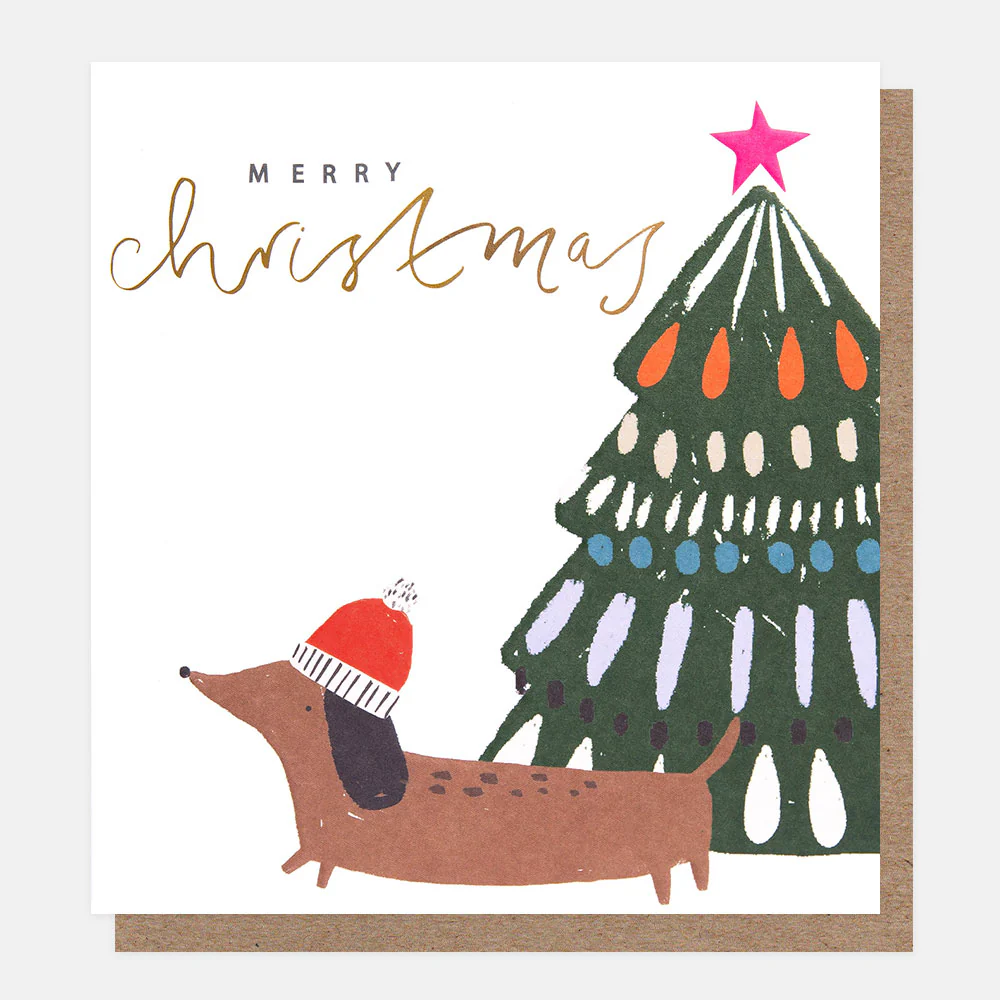Caroline Gardner Weihnachtskarte "Sausage Dog & Tree Charity" Dackel