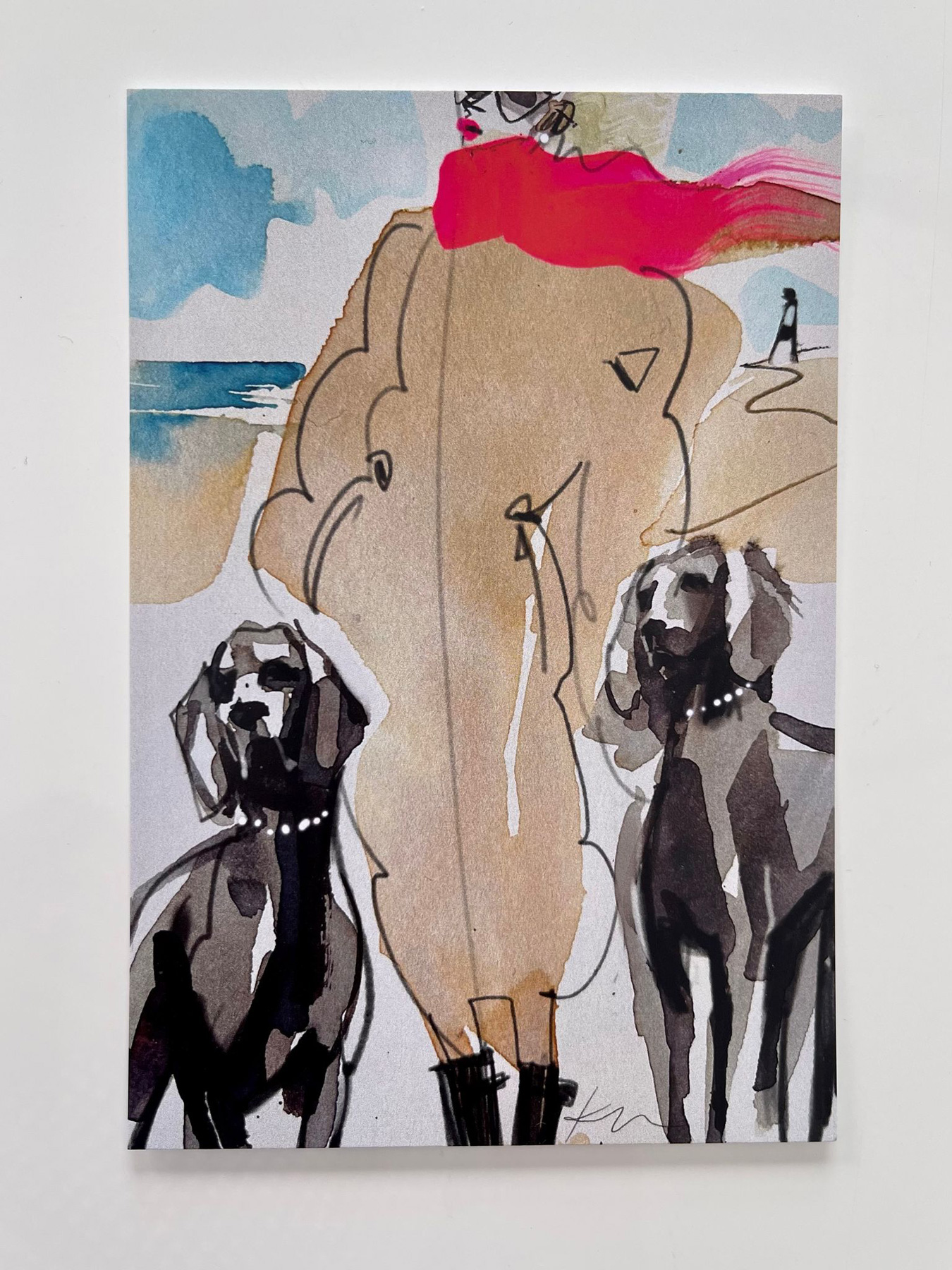 Katja Foos Karte "2 Hunde mit Frauchen mit Schal pink" aus der Serie „Hundis & Frauchen“, pink