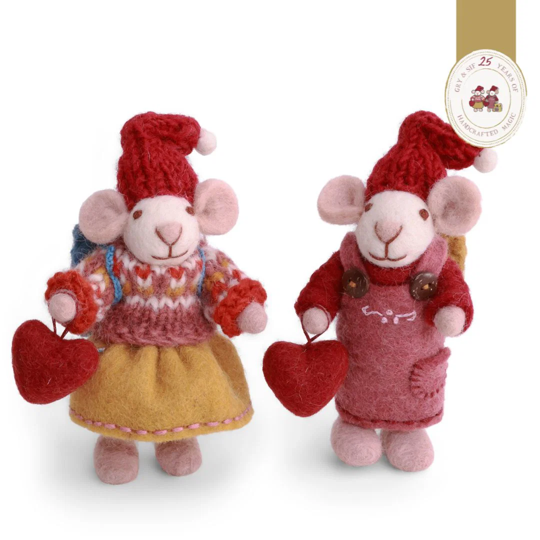 Gry & Sif Weihnachtsmäuse im Paar  mit Herzen, ca. 12 cm, Small White Gry & Sif Mice w/Hearts