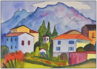 Postkarte  "Tessiner Dorf mit Bergen, 1927" von Hermann Hesse   