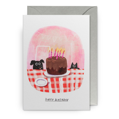 John Bond Doppelkarte "Happy Birthday" Hund & Katze am Tisch, Geburststagskarte
