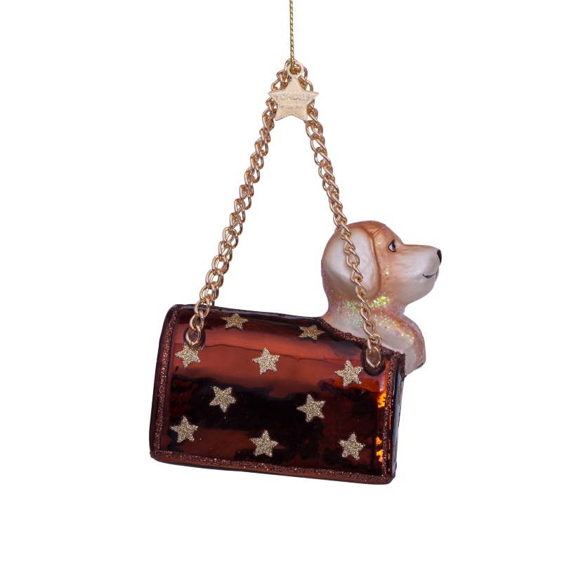 Weihnachtskugel Handtasche braun mit Labradorwelpe, Glas,  H. ca. 7cm, Golden Moments