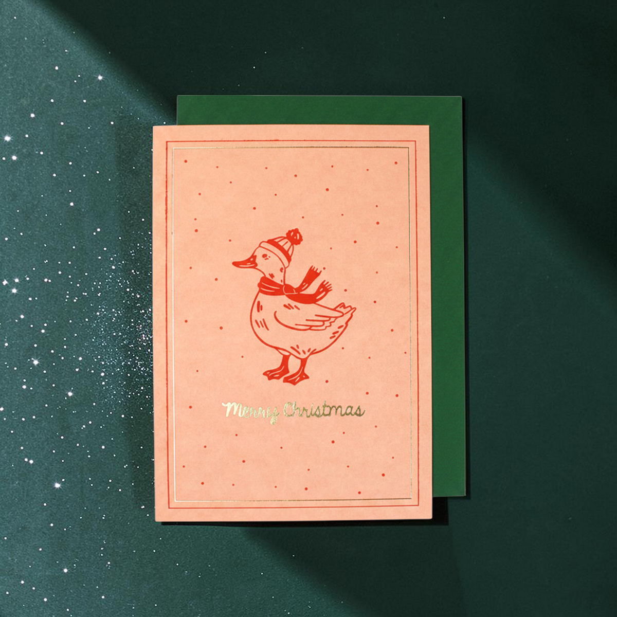 Klappkarte Weihnachtsgans mit Veredelung, rose mit Goldeffekt – Merry Christmas, Format B6