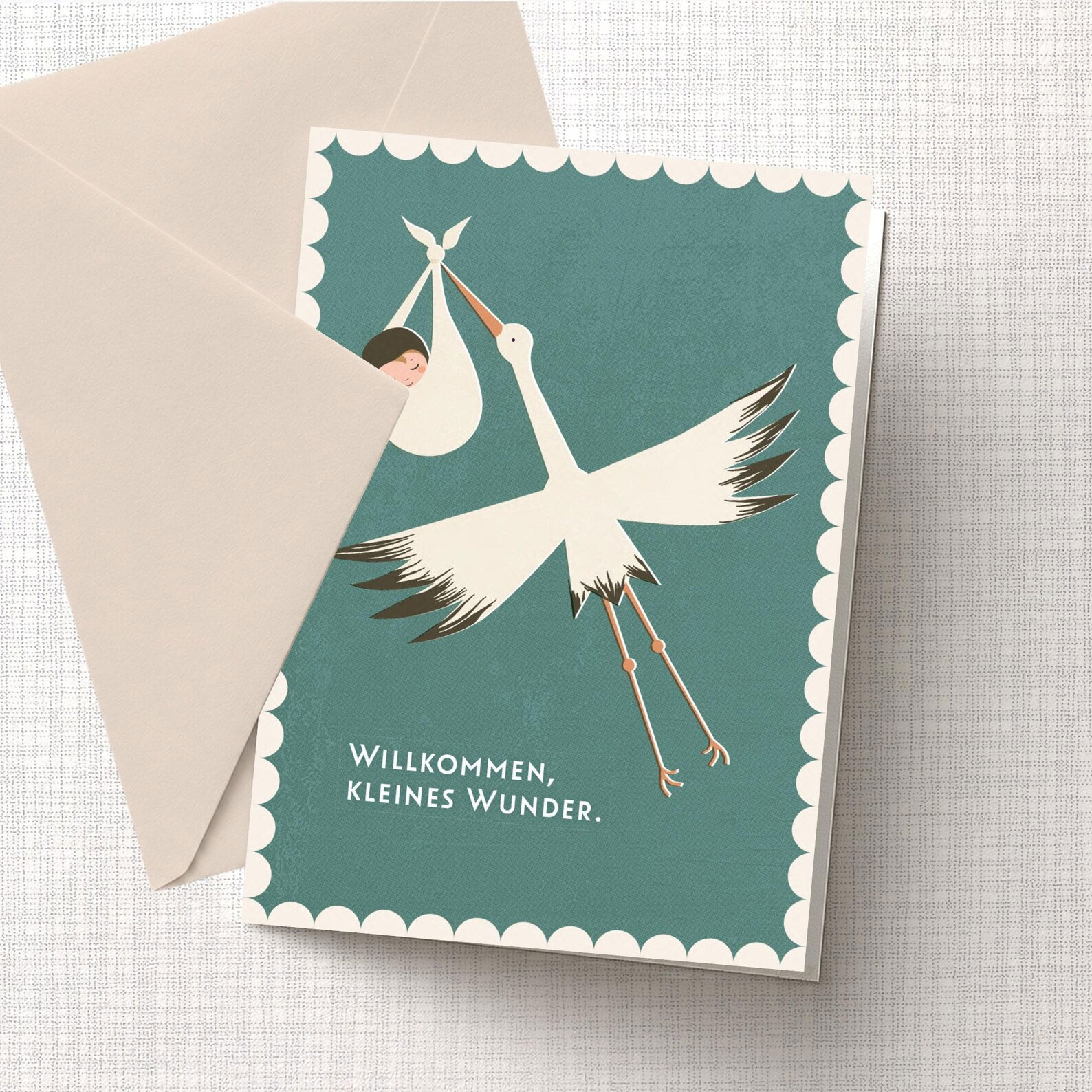 Klappkarte zur Geburt mit Storch "Willkommen kleines Wunder" von Monimari