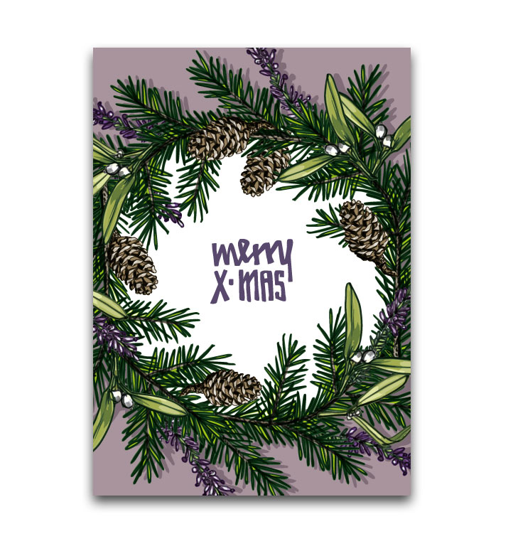 Postkarte KRIMBA Weihnachtskranz Merry Xmas von illi , Holzschliffpappe