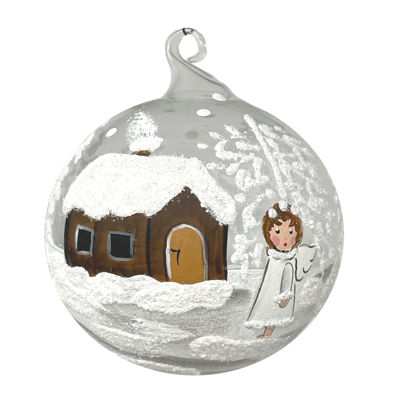 Weihnachtskugel Engel weiss mit Haus ca. 8 cm, Kugel klar mit Glasöse, wundervoll von Hand bemalt,