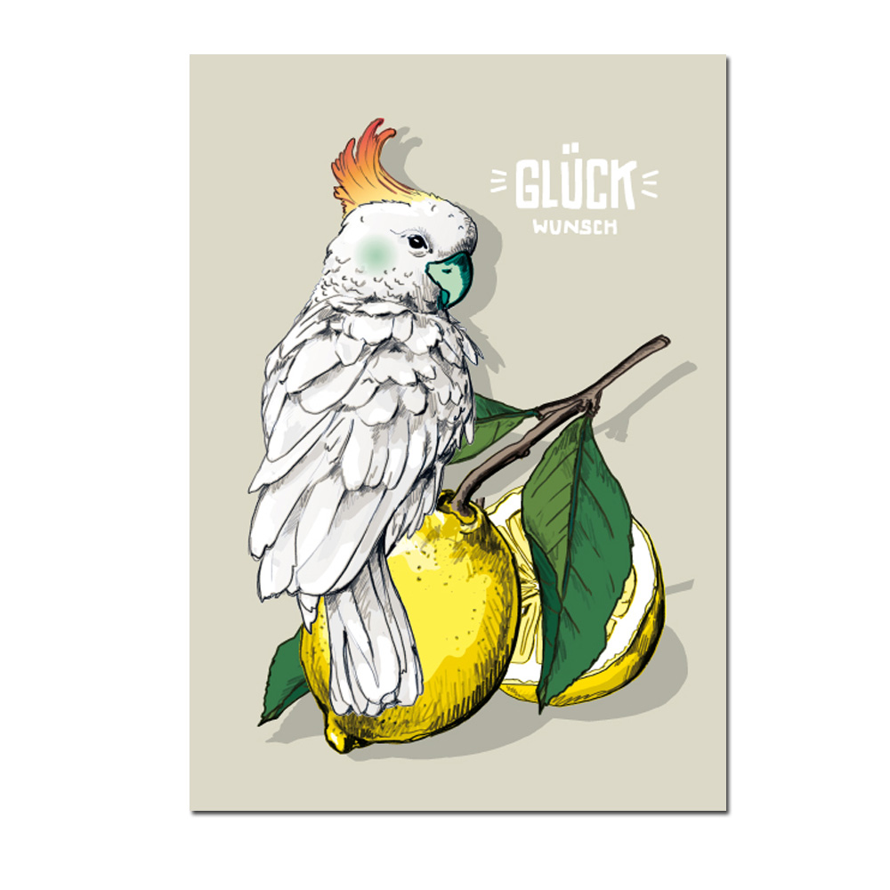 Postkarte -Papagei  Nonila  " Glückwunsch" von illi, Zitronen