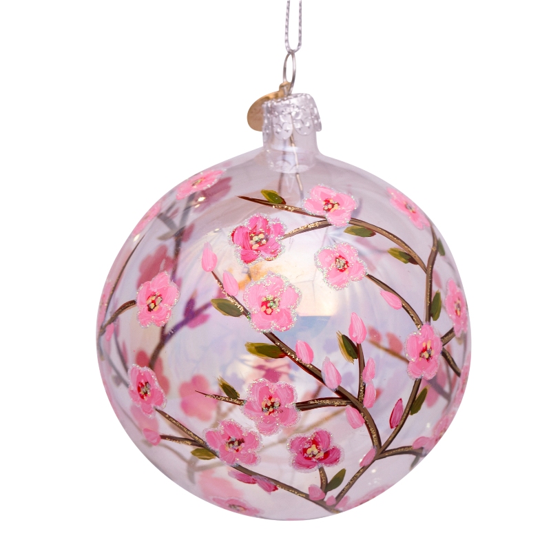 Christbaumkugel Glas transparent mit kleinen rosa Blüten, Glas,  D. ca. 8cm   